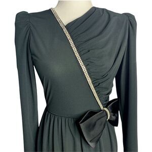 Vintage Cocktail Sheath Dress S Black Rhinestones Bow Puff Sleeve Zip Union Made